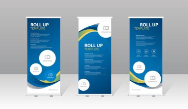 Modern rulo sancak şablonu mavi soyut tasarım, iş için profesyonel sunum standı, kurumsal pazarlama, sergi, ticaret gösterisi ve reklam gösterisi.