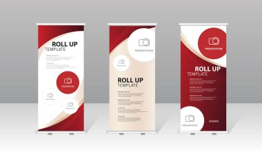 Kırmızı soyut tasarımı olan modern rulo pankart şablonu, iş için profesyonel sunum standı, kurumsal pazarlama, sergi, ticaret gösterisi ve reklam gösterisi.