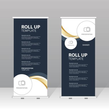 Modern rulo sancak şablonu siyah soyut tasarım, iş için profesyonel sunum standı, kurumsal pazarlama, sergi, ticaret gösterisi ve reklam gösterisi.