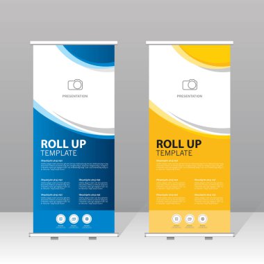 Modern rulo şablonu mavi ve sarı soyut tasarım, iş için profesyonel sunum standı, kurumsal pazarlama, sergi, ticaret gösterisi ve reklam gösterisi.