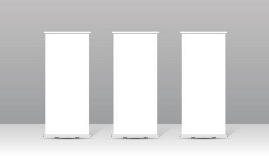 Boş rulo pankart stand modelleme seti, temiz beyaz arka plan, iş için minimum dikey ekran, kurumsal pazarlama, sergi, ticaret gösterisi ve reklam sunumu.