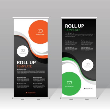 Yeşil ve turuncu soyut tasarımı olan modern rulo şablon seti, iş için profesyonel sunum standı, şirket pazarlaması, sergi, ticaret gösterisi ve reklam gösterisi.