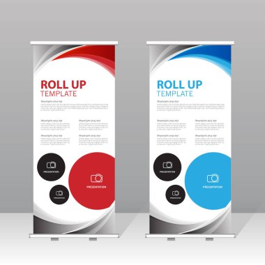 Kırmızı ve mavi soyut tasarımlı modern rulo pankart şablonu, iş için profesyonel sunum standı, kurumsal pazarlama, sergi, ticaret gösterisi ve reklam gösterisi.