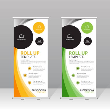 Sarı ve turuncu soyut tasarımı olan modern rulo şablon seti, iş için profesyonel sunum standı, kurumsal pazarlama, sergi, ticaret gösterisi ve reklam gösterisi.