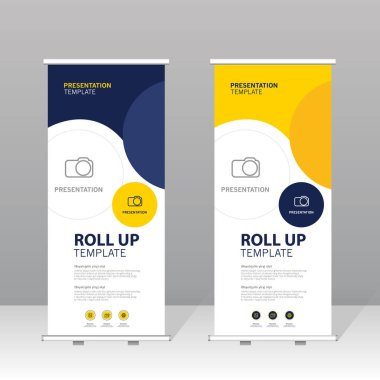 Modern rulo şablonu mavi ve sarı soyut tasarım, iş için profesyonel sunum standı, kurumsal pazarlama, sergi, ticaret gösterisi ve reklam gösterisi.