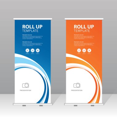 Mavi ve turuncu soyut tasarımlı modern rulo şablon seti, iş için profesyonel sunum standı, kurumsal pazarlama, sergi, ticaret gösterisi ve reklam gösterisi.