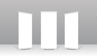 Boş rulo pankart stand modelleme seti, temiz beyaz arka plan, iş için minimum dikey ekran, kurumsal pazarlama, sergi, ticaret gösterisi ve reklam sunumu.