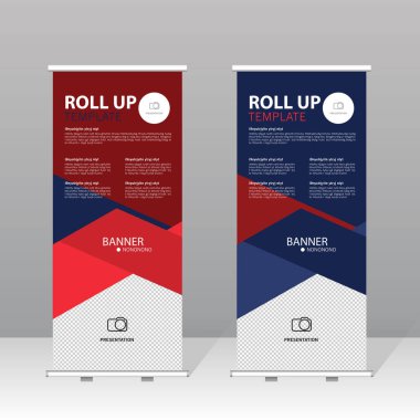 Kırmızı ve mavi soyut tasarımlı modern rulo pankart şablonu, iş için profesyonel sunum standı, kurumsal pazarlama, sergi, ticaret gösterisi ve reklam gösterisi.