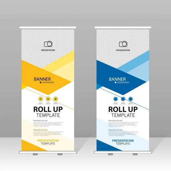 Modern rulo şablonu mavi ve sarı soyut tasarım, iş için profesyonel sunum standı, kurumsal pazarlama, sergi, ticaret gösterisi ve reklam gösterisi.