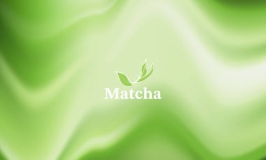 Yumuşak sıvı dalgalar ve yaprak logolu soyut kibrit yeşil çay arka planı. Sağlıklı içecek, zen sağlığı, çay seremonisi, kozmetik ambalaj ve doğa ürünü afişi için yeşil organik doku..