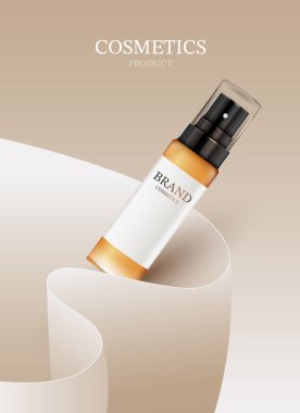 Minimum turuncu kozmetik sprey şişesi kıvrımlı beyaz kağıt geometri üzerinde duruyor. Zarif bej arka planda yumuşak stüdyo ışıklandırma efektiyle 3B renkte güzellik işleme ürünü sunumu.