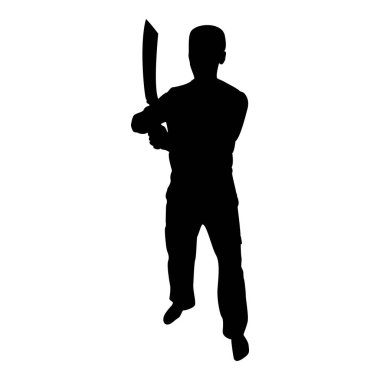 Silhouette man with sword machete cold weapons in hand military man soldier serviceman in various positions hunter with knife fight poses strong defender warrior concept weaponry standing black color vector illustration flat style simple image