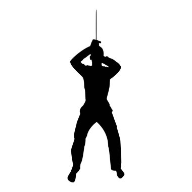 Silhouette man with sword machete from above cold weapons in hand military man soldier serviceman in various positions hunter with knife fight poses strong defender warrior concept weaponry standing black color vector illustration flat style simple i