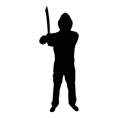 Silhouette man with sword machete cold weapons in hand military man soldier serviceman in various positions hunter with knife fight poses strong defender warrior concept weaponry standing black color vector illustration flat style simple image