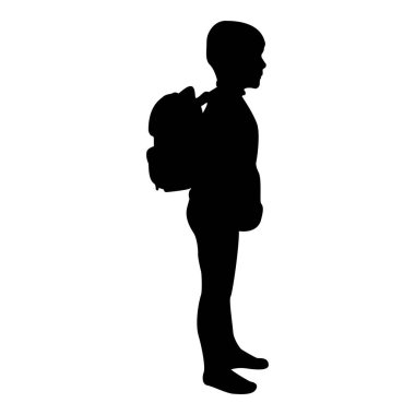 Silhouette schoolboy with backpack pupil stand carrying on back going to school concept come back to school idea education preschooler rucksack first september start lessons knapsack side view black color vector illustration flat style simple image