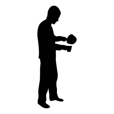 Silhouette man with saucepan in his hands preparing food male cooking use sauciers water poured in mug black color vector illustration flat style simple image