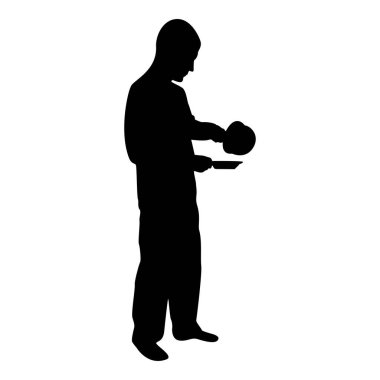 Silhouette man with saucepan in his hands preparing food male cooking use sauciers water poured in plate black color vector illustration flat style simple image