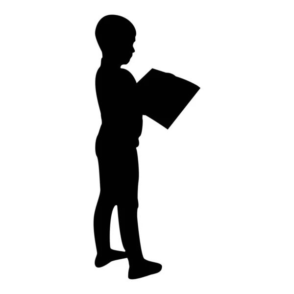 Силуэт Мальчик Читает Книгу Стоя Подросток Мужчина Открытой Книгой Руках — стоковый вектор