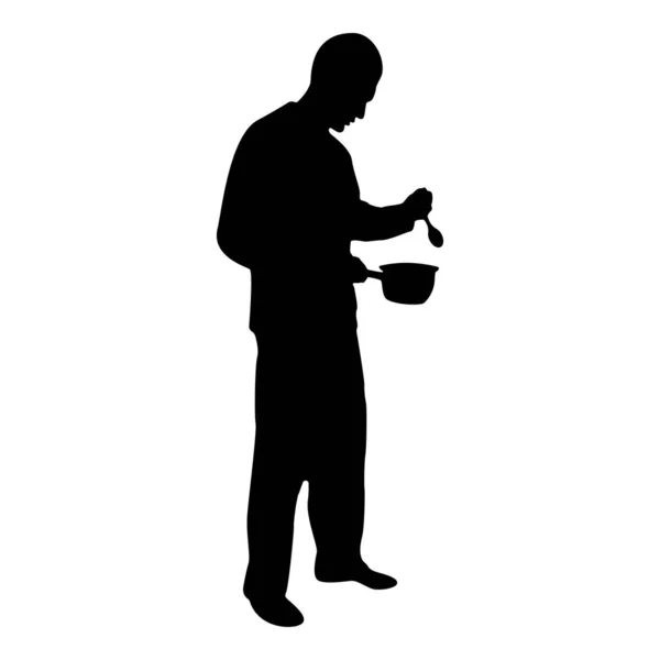 Silhouette Man Saucepan Spoon His Hands Preparing Food Male Cooking — Vettoriale Stock