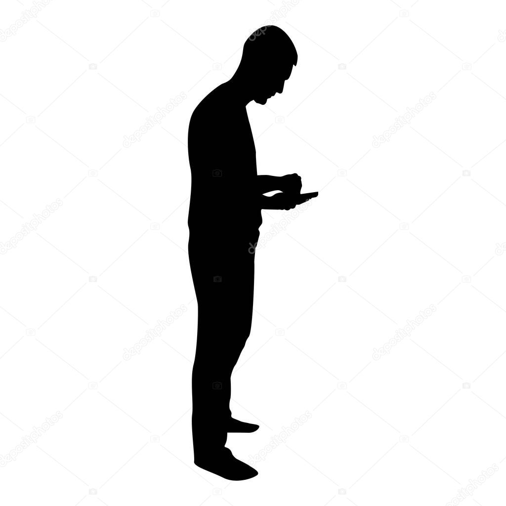 Silhouette man holding smartphone phone playing tablet male using communication tool idea looking phone addiction concept dependency from modern technologies black color vector illustration flat style simple image