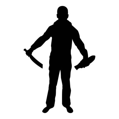 Silhouette man with sword machete remove sheath scabbard cold weapons in hand military man soldier serviceman in various positions hunter with knife fight poses strong defender warrior concept weaponry standing black color vector illustration flat st