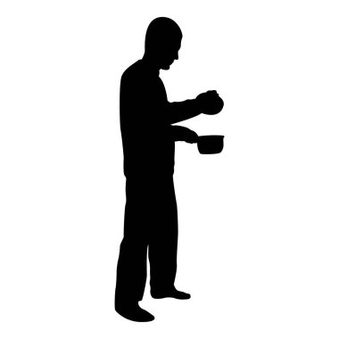 Silhouette man with saucepan in his hands preparing food male cooking use sauciers with open lid black color vector illustration flat style simple image