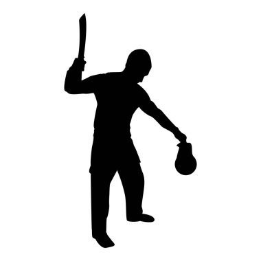 Silhouette man with sword machete cold weapons in hand military man soldier serviceman in various positions hunter with knife fight poses strong defender warrior concept weaponry standing holding thing black color vector illustration flat style simpl