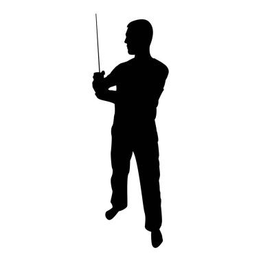 Silhouette man with sword machete cold weapons in hand military man soldier serviceman in various positions hunter with knife fight poses strong defender warrior concept weaponry standing black color vector illustration flat style simple image