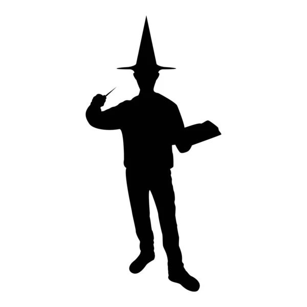 Silhouette Wizard Holds Magic Wand Trick Book Waving Sorcery Concept — Vetor de Stock