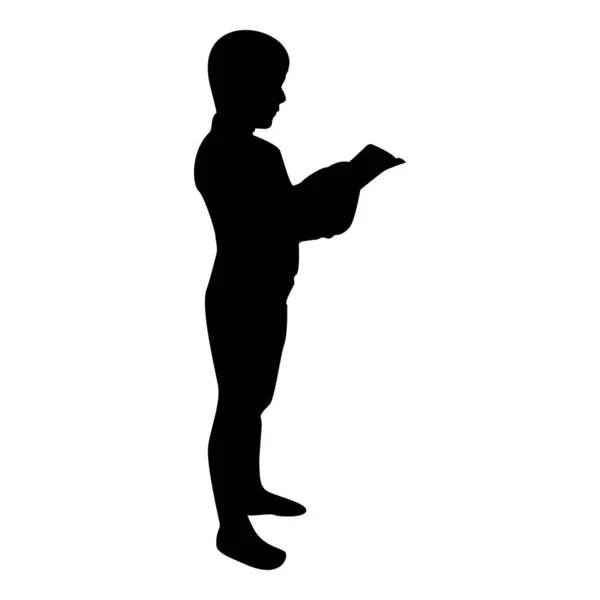 Силуэт Мальчик Читает Книгу Стоя Подросток Мужчина Открытой Книгой Руках — стоковый вектор