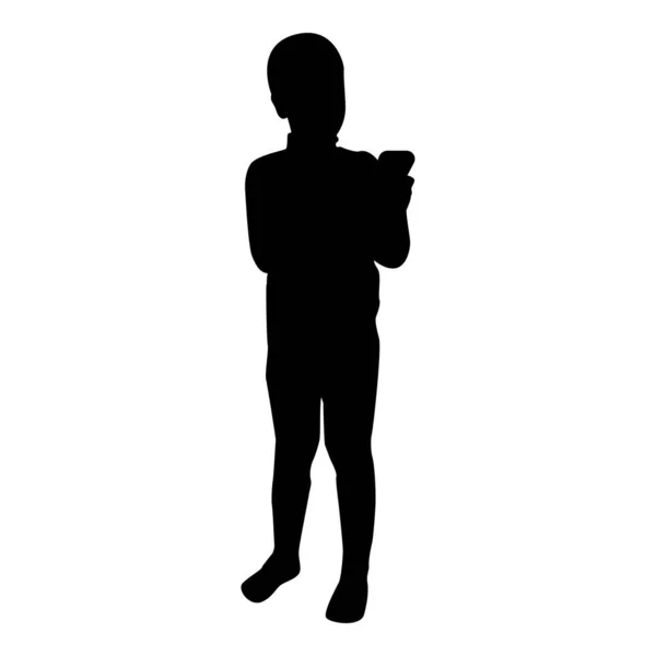 Silhouette Boy Holding Smartphone Phone Playing Tablet Male Using Communication — Vetor de Stock