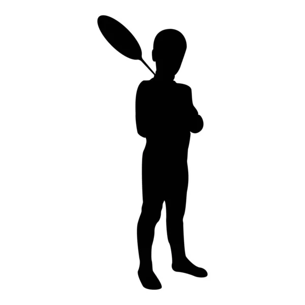 Silhouette Boy Holds Badminton Racket Cute Young Child Holding Standing — Vetor de Stock