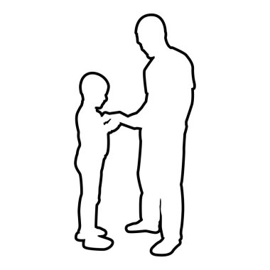 Bir erkek çocuğa bir şey iletir. Baba, baba, baba, baba, baba, baba, baba, baba, baba, oğul, çocuk, çocuk, ana hatları siyah renk, illüstrasyon, düz resim.