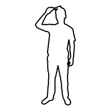 Adam saç fırçası kullanıyor. Ön görünüm dış hat. Siyah renk vektör çizimi düz resim.