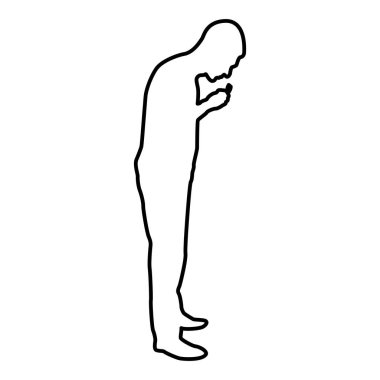 Adam dişlerini fırçalıyor, diş fırçasını koluna takıyor, diş fırçası tutuyor, sağlığına dikkat ediyor, ağız sağlığı konsepti sağlıyor, sabah rutin diş bakımı konsepti, siyah renk illüstrasyon düz görüntü.