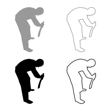 Kılıçlı adam elinde soğuk silahlar çeşitli pozisyonlarda asker asker bıçaklı avcı güçlü savunma silahşör konsepti silueti gri renk vektör tasviri basit tasvir