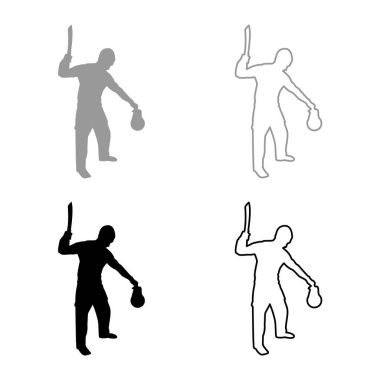 Elinde kılıç tutan adam elinde soğuk silahlar çeşitli pozisyonlarda asker asker bıçaklı avcı güçlü savunma silahlarına sahip siluet gri siyah renk vektör çizimi sağlam outli