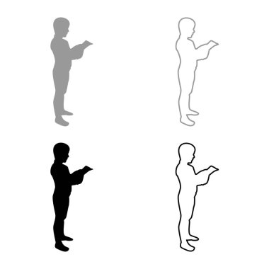 Çocuk elinde açık kitapla ayakta duran genç bir erkek. Sevimli okul çocuğu okudu. Okul konseptine dönmeye hazır. Eğitim online olarak silüet gri renk vektör ilülasyonu öğreniyor.