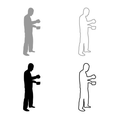 Elinde tencereyle yemek hazırlayan bir adam. Açık kapaklı, gri renkli, siyah renk vektör resimli çay tabağı kullanıyor. Basit bir taslak.