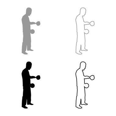 Elinde tencereyle yemek hazırlayan bir adam. Açık kapaklı, gri renkli, siyah renk vektör resimli çay tabağı kullanıyor. Basit bir taslak.