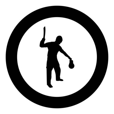 Elinde kılıçlı adam elinde soğuk silahlar çeşitli pozisyonlarda asker asker bıçaklı avcı güçlü savunma silahlarının silueti yuvarlak siyah renk vektör çizimi şeklinde duruyor 