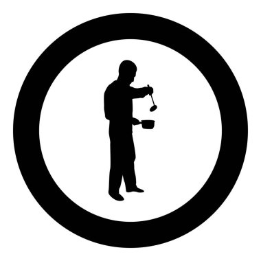 Tencere kepçesi kepçeli mutfak çatalı çorbası elinde yemek pişirmek için çatal bıçak kullanan bir adam. Yemek pişirmek için çatal bıçak kullanan bir adam. Siyah yuvarlak, renkli, basit bir taslak çizim tarzında çay tabağı silueti kullanıyor.