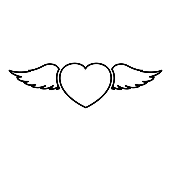 天使の翼が飛んでハート羽輪郭線アイコン黒カラーベクトルイラストフラットスタイルシンプルな画像 — ストックベクタ