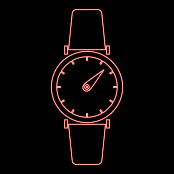 Neon Mano Orologio Colore Rosso Vettoriale Illustrazione Stile Piatto Luce — Vettoriale Stock