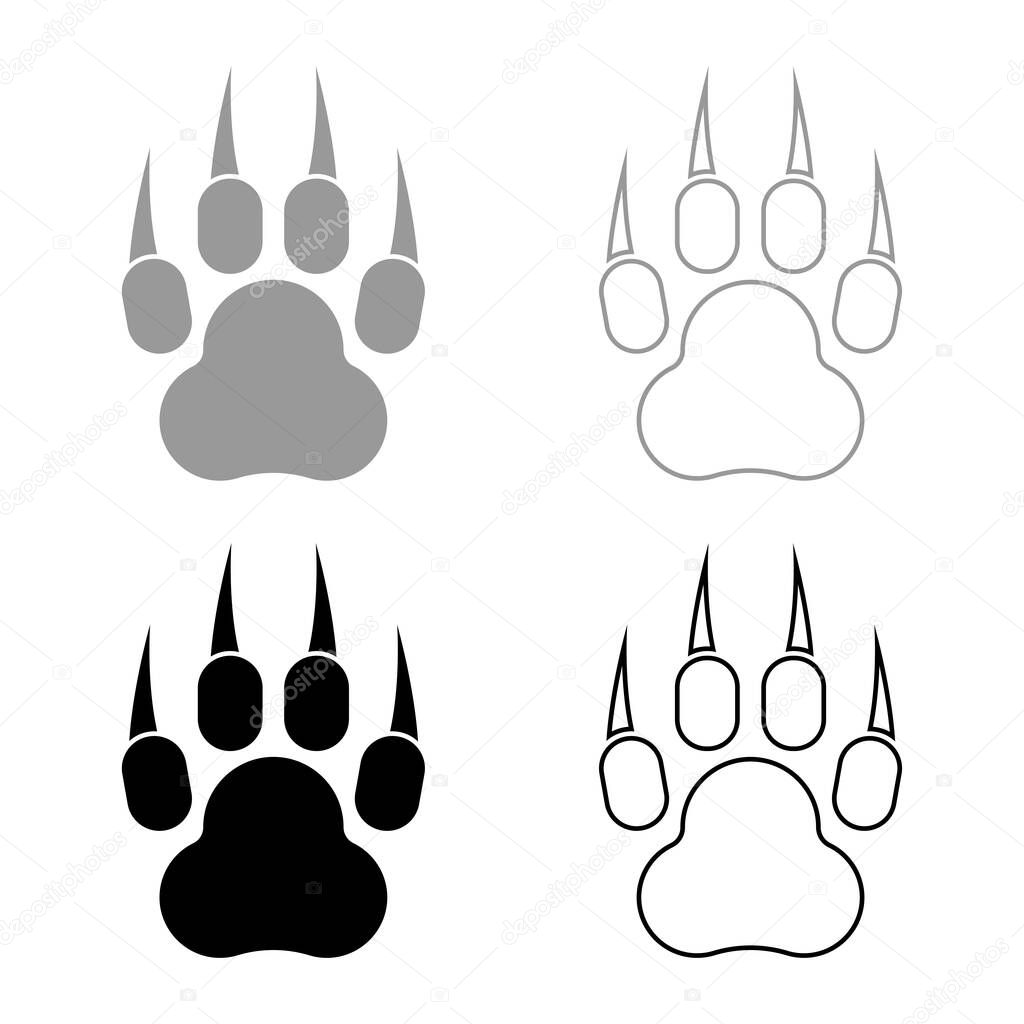 Print paw wild animal with claw track footprint predatory pawprint set icon grey black color vector illustration flat style simple image