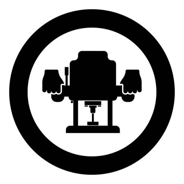 Sabit taban yönlendirici Elektrikli ağaç daldırma değirmen kesici güç aracı el tutma aracı kullanım Arm araç simgesi kullanarak daire siyah renk illüstrasyon katı taslak basit resim biçimi