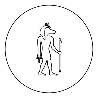 Anubis deity with jackal head ancient Egyptian god holds staff and anch cross silhouette mythical icon in circle round black color vector illustration image outline contour line thin style simple