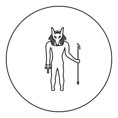 Anubis deity with jackal head ancient Egyptian god holds staff and anch cross silhouette mythical icon in circle round black color vector illustration image outline contour line thin style simple