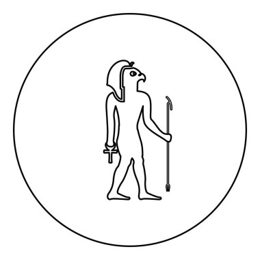 Ra ancient Egypt sun god deity with falcon head icon in circle round black color vector illustration image outline contour line thin style simple