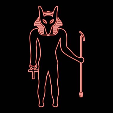 Çakal başlı Neon Anubis tanrısı Eski Mısır tanrısı asa ve Anch çapraz mitolojik kırmızı renk vektör resimleme düz ışık